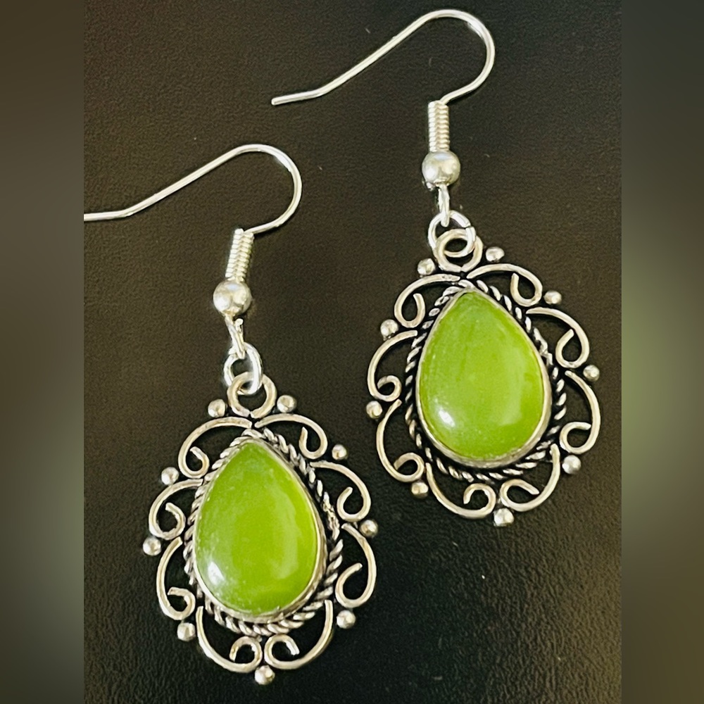 Silver and Lime Green Boho Earrings, NWOT - Picture 2 of 15